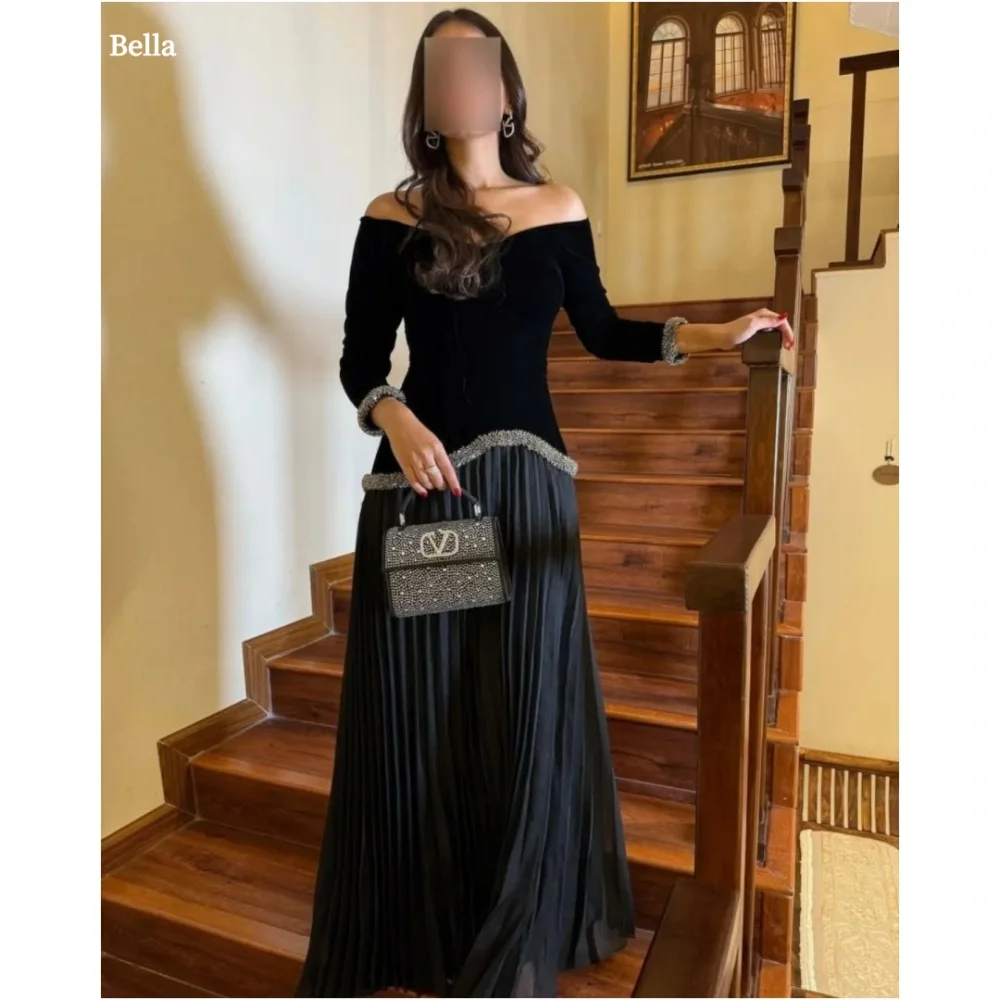 

Bella Индивидуальные черные вечерние платья трапециевидной формы на одно плечо с бисером и длинными рукавами, бархатные вечерние платья длиной до пола, платье для выпускного вечера 2025