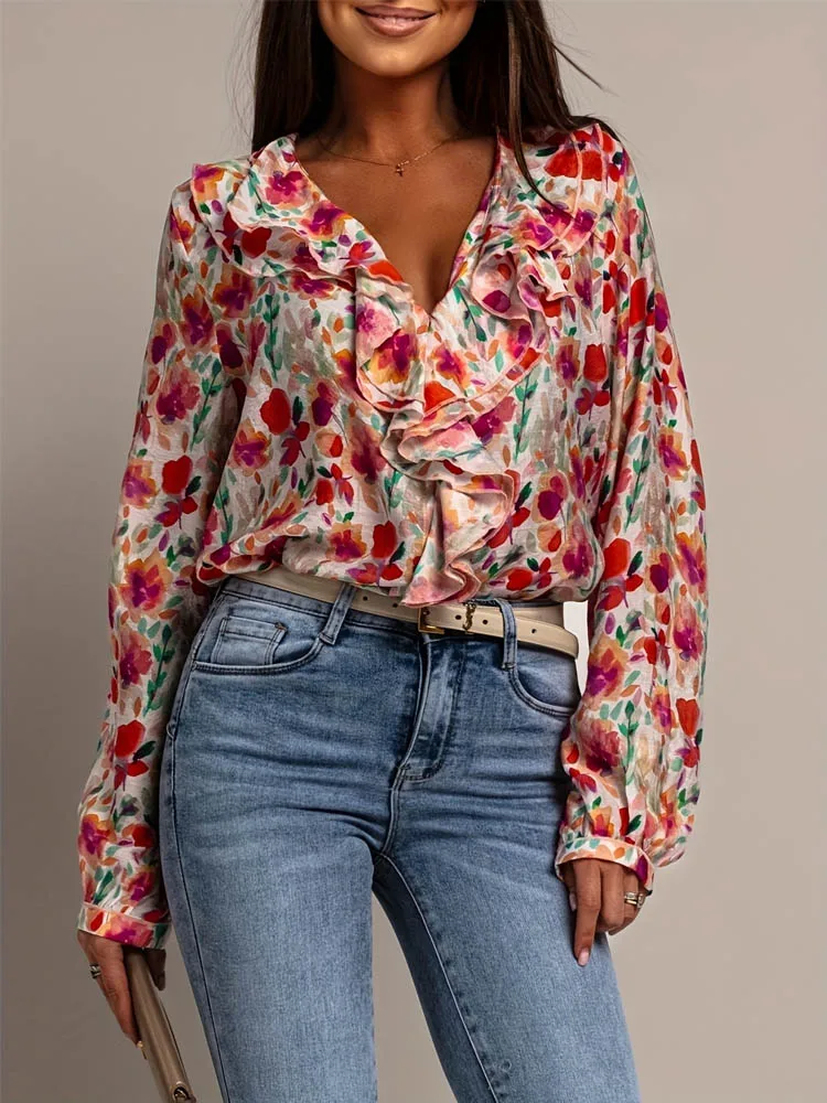 

Spring and summer western style fashion printed shirt women 2025 new V-neck chiffon blouse loose lantern sleeve shirt women