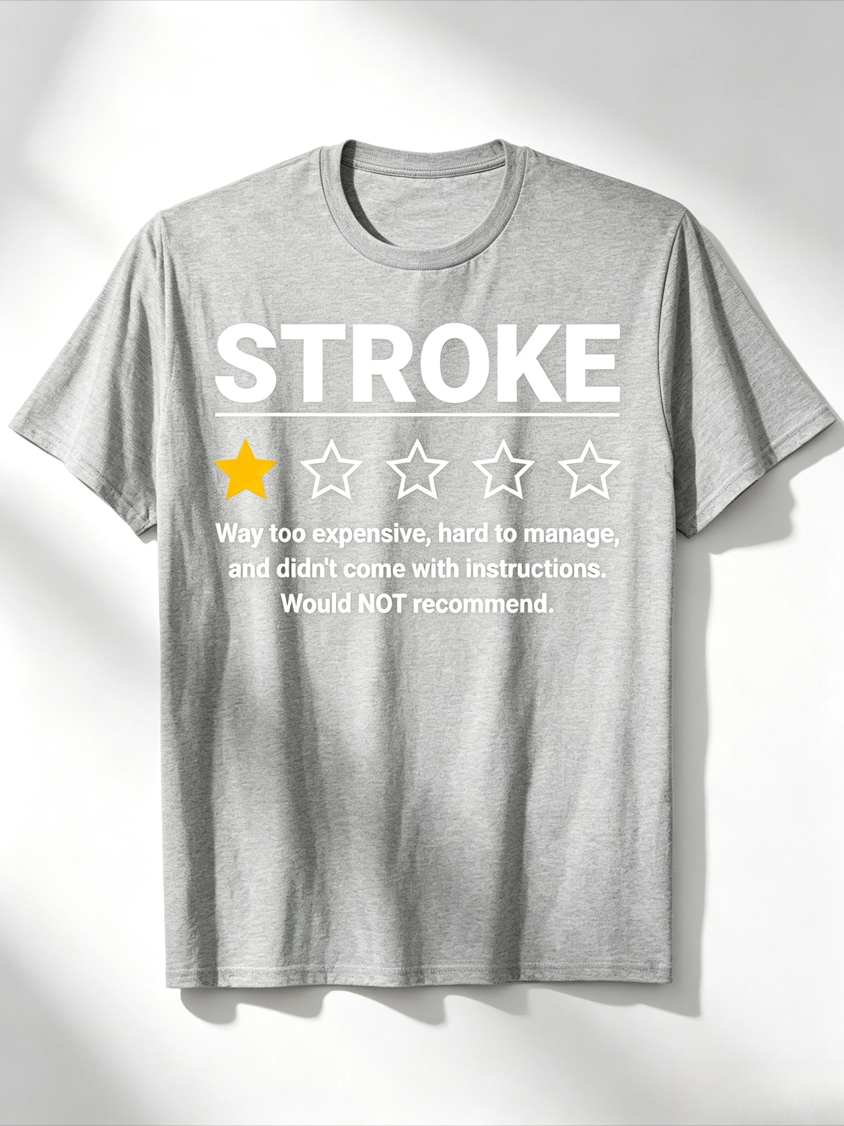 Funny Stroke Awareness T-Shirt Would Not Recommend Humorous Brain Attack Design Rating System Casual Round Neck Tee