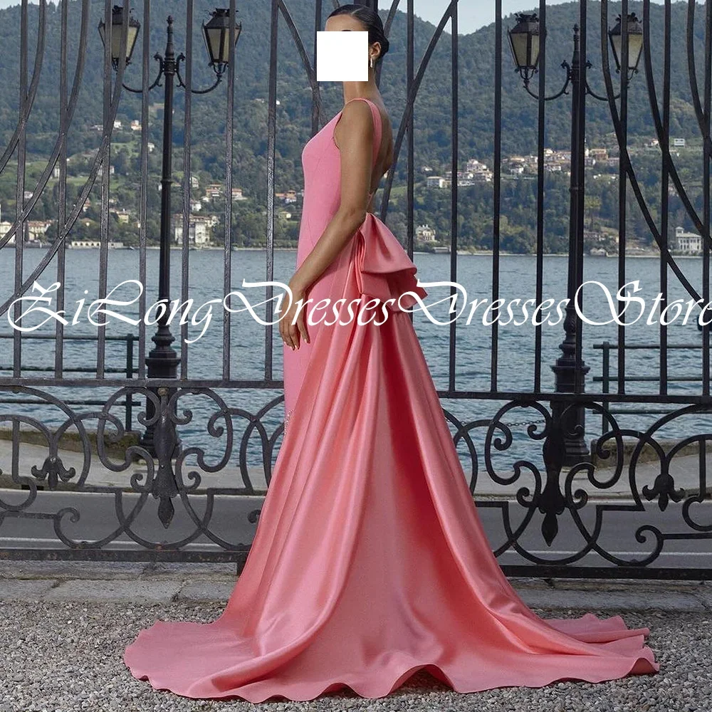 Elegant Pink Jersey O-neck Sequined Evening Dress Panel Train Lace Pleats Zipper Back Straight Floor Length Sleeveless Gowns