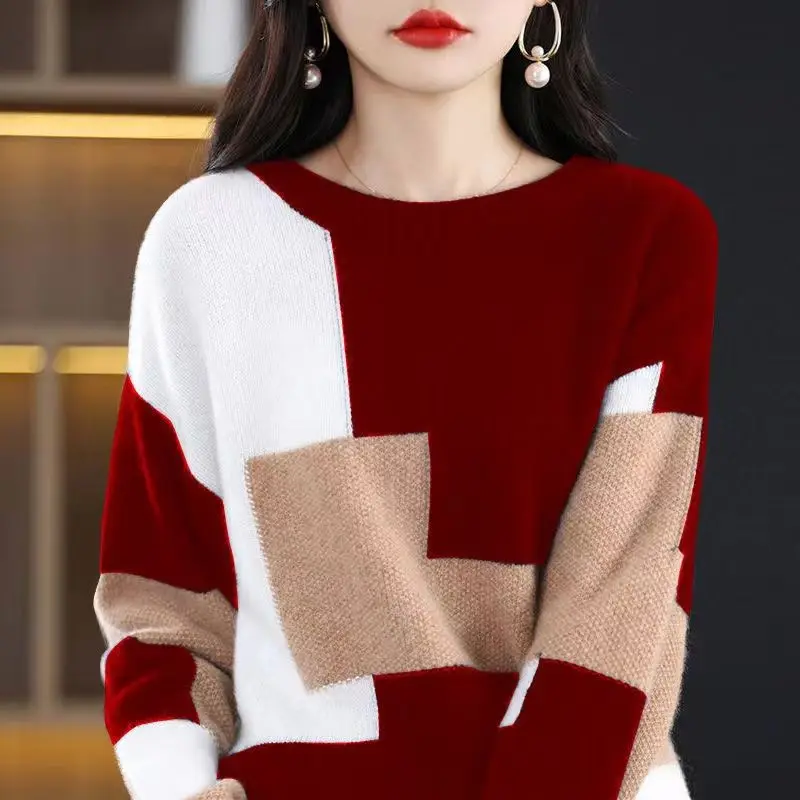 2023 Herbst und Winter minimalist isch locker sitzend Rundhals ausschnitt Plaid Farbe blockierende Wärme übergroßen modischen unteren Strick pullover