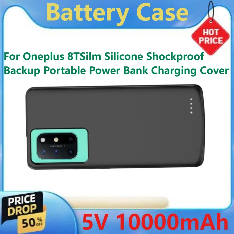 

8T Slim Silicone Shock-Resistant Charging Case with Backup Power Bank – New Battery Charger Cover for Oneplus 8T, 5V 10000mAh 2A