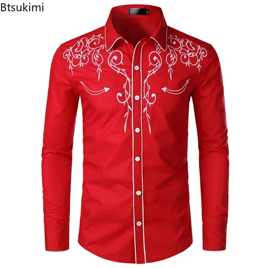 2026 Men's Fashion Embroidered Shirt Western Style Club Party Wedding Long Sleeve Shirts for Men Lapel Single -breasted Shirt