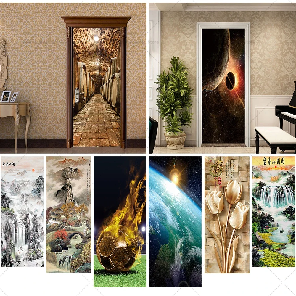 Chinese Style Landscape Painting Self-adhesive Door Stickers Decorative Bedroom Door Waterproof HD Stickers Home Decorations