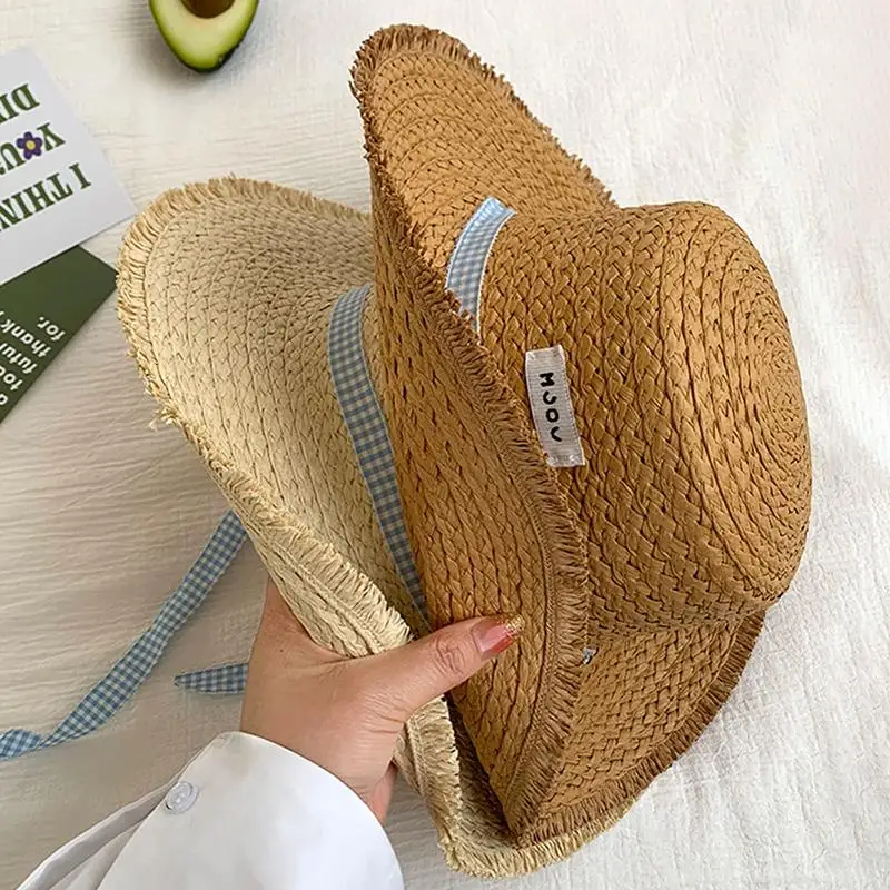 Sun Protection Straw Hat Women Wide Brim Hat Beach with Lace Bow Elegant Breathable Summer Headwear