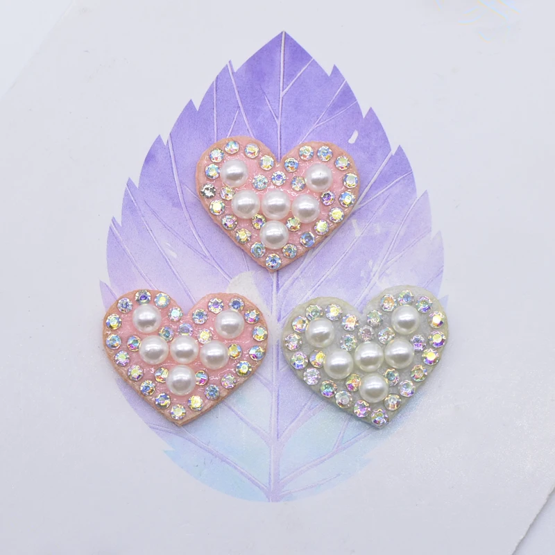 20Pcs Heart Shaped Padded Rhinestone & Pearl Applique for DIY Clothes Hat Shoes Sewing Patches Headwear Hair Clips Bow Decor