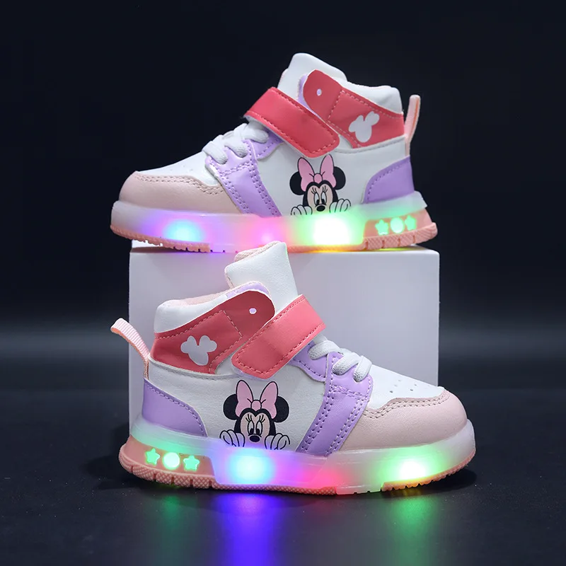 Tênis Disney de couro PU para meninas e meninos mickey mouse luminescente, calçados esportivos infantis casuais de 1 a 6 anos de idade