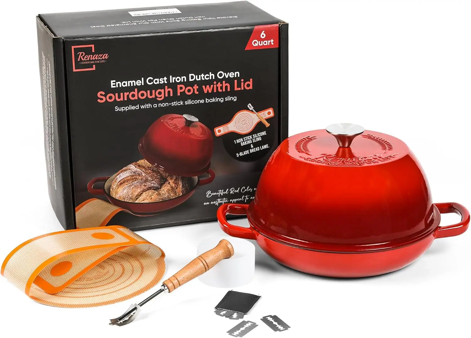 

Enameled Cast Iron Dutch Oven Pot with Lid - Dutch Oven for Sourdough Bread Baking - With 5 Blade Bread Lame & Non-Stick Silicon