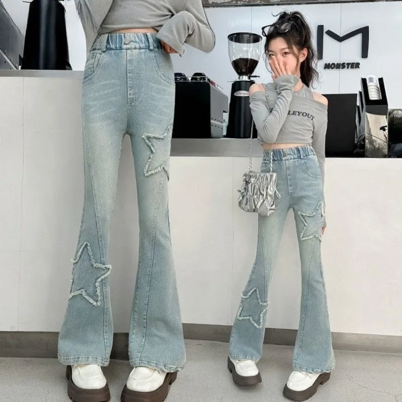 

Girls Starburst Stretch Jeans Bell-Bottom Pants 2025 Spring Autumn Kids Apparel Hot Sale Stylish Children's Trousers