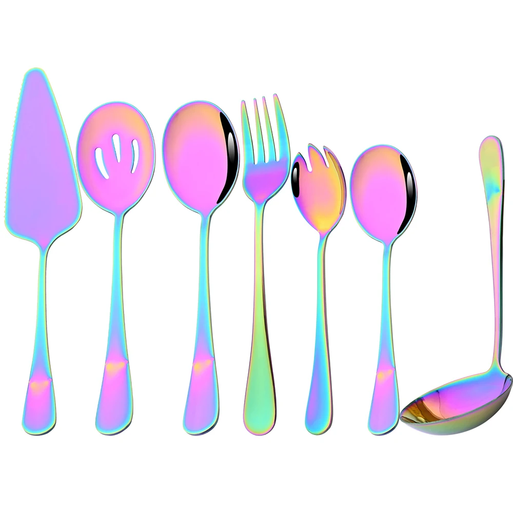 7Pcs Rainbow Dinnerware Soup Spoon Colander Spoon Service Spoon Fork Cake Spatula Cutlery Set Stainless Steel Kitchen Tableware