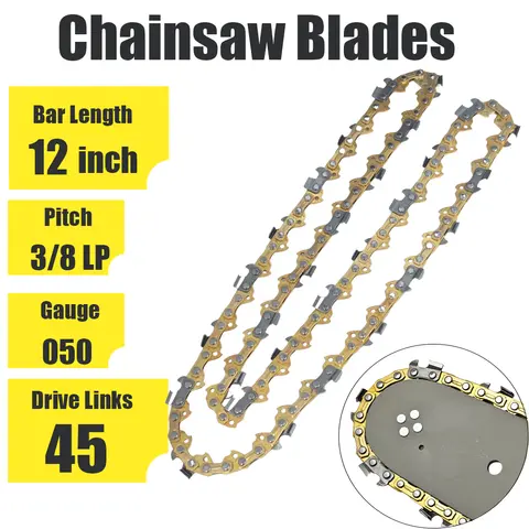 Chaînes de tronçonneuse dorées de 12 pouces, pas de 3/8 LP, calibre 0,050 pouces, 45 maillons d'entraînement, compatibles avec Greenworks Poulan Echo Ryobi et plus encore