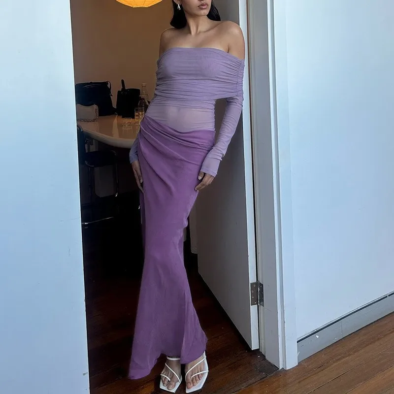 

2025 spring and summer new mesh perspective solid color one-word shoulder off-the-shoulder sexy long-sleeved dress wholesale