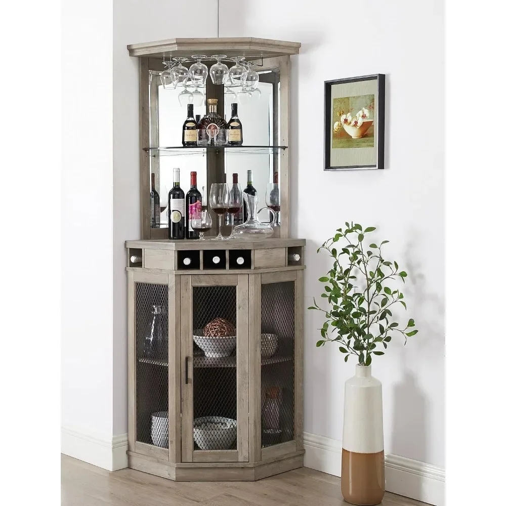 

Stone Grey Corner Bar Unit 73" With Built-in Wine Rack and Lower Bar Cabinet for Liquor and Glasses | Storage Shelf