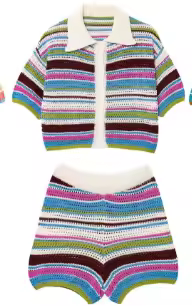 Women Patchwork Striped Hollow Out Crochet Knitted Crop Sweater Shorts Set Short Sleeve Polo Collar Sweater Knit Shorts Suit Y2K - Image 15