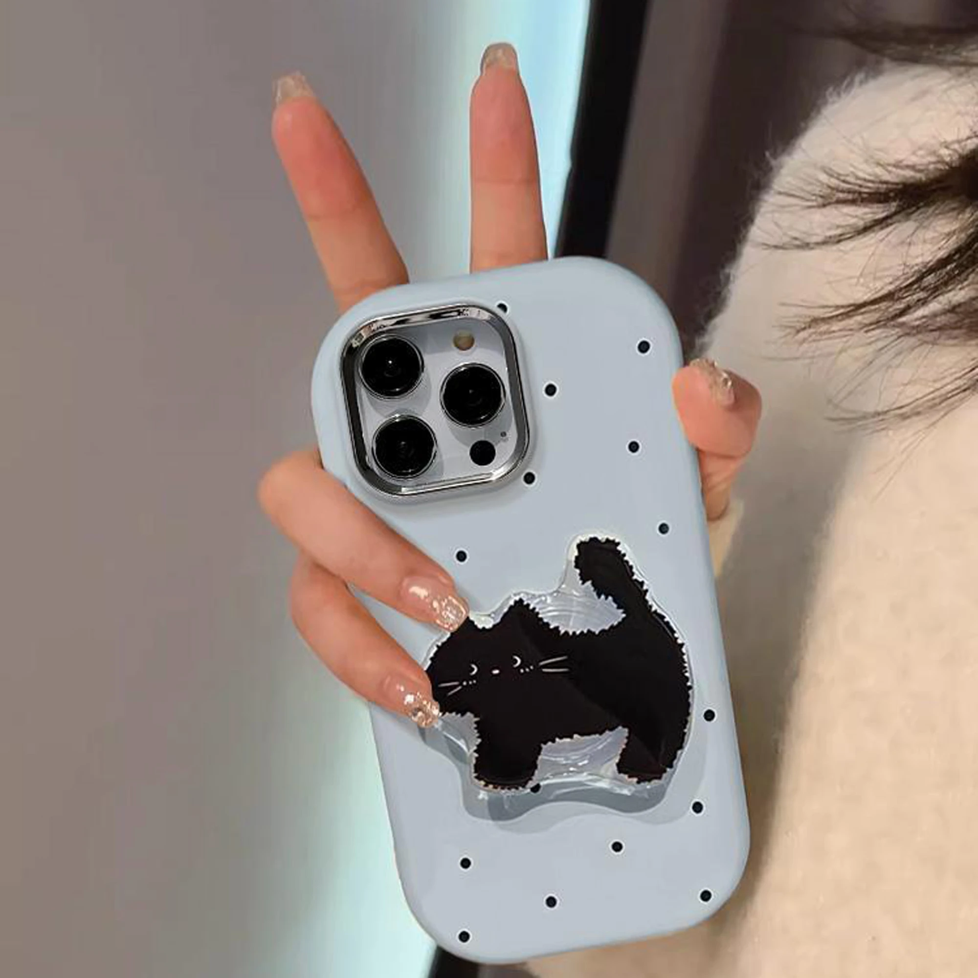 Cute Polka Dot TPU Phone Case With Cat holder For iPhone 15 14 13 12 11 Pro Max Drop Resistant Cartoon Phone Case