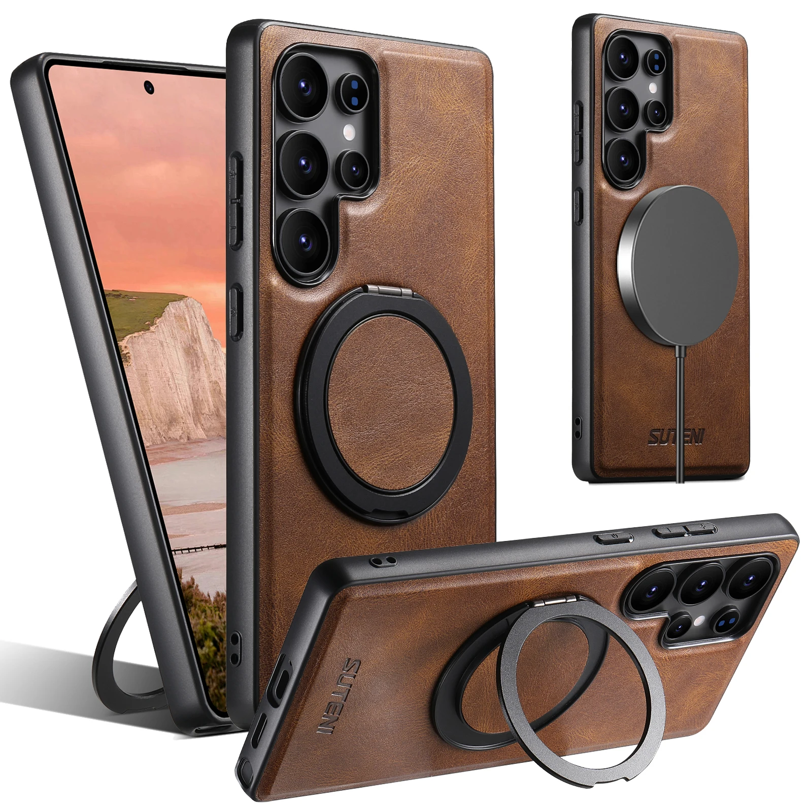 SUTENI Magnetische Handyhülle für kabelloses Laden, Ölwachs, Kunstleder, 360° °   Drehbare Standschnalle für Samsung Galaxy S26Ultra S25 S24