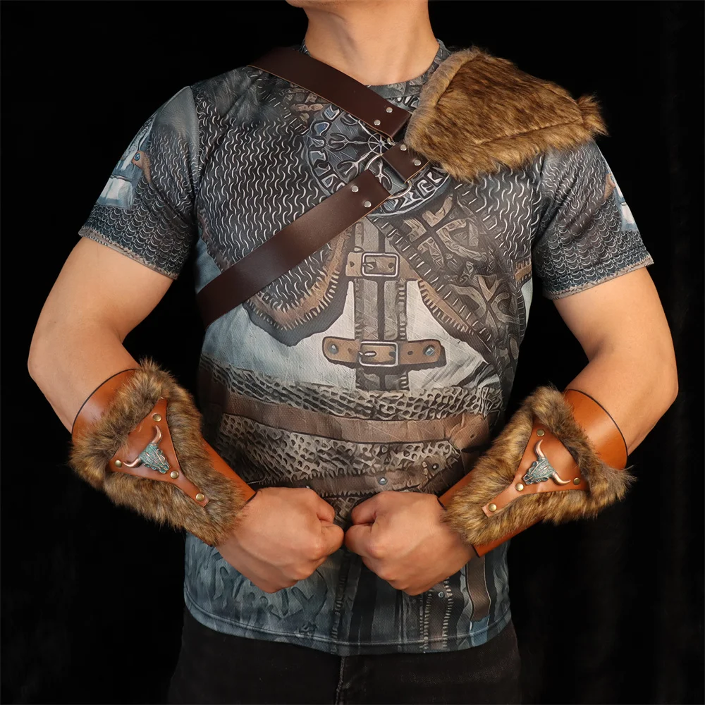 Halloween Requisiten mittelalter liche Krieger Frauen Rüstung Kostüm Cosplay Larp Erwachsenen Pu Leder braun Fell Wikinger Schulter Rüstung mit Horn