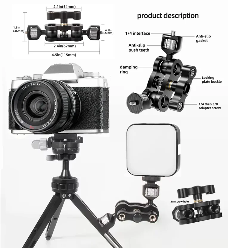 Double Ball head Magic Arm 1/4 inch Screw CNC for SLR Camera Tripod Cage Rig LED Video Light Microphone Field Monitor GoPro DJI