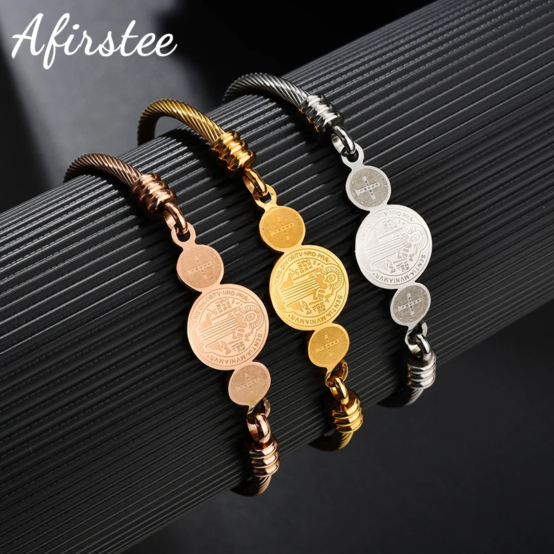 

Afirstee Vintage Gold Color Saint Benedict Religion Bracelet Stainless Steel Catholic Medal Bangle For Women Jewelry Gift