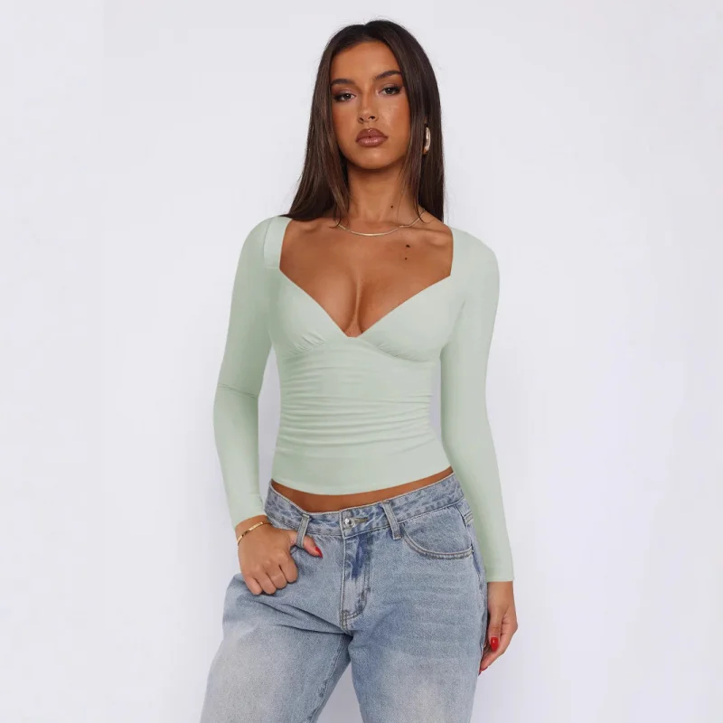 

Source Direct Supply New Summer Women'S Clothing Diamond Collar Long Sleeved T-Shirt Light Mature Style Slim Fit Spicy Girl Top