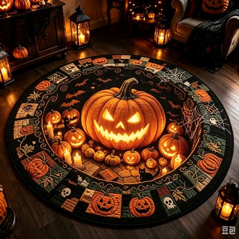 3D Illusion Pumpkin Pit Halloween Round Rug,Spooky Printed Circular Floor Carpet,Indoor Living Room Home Decor