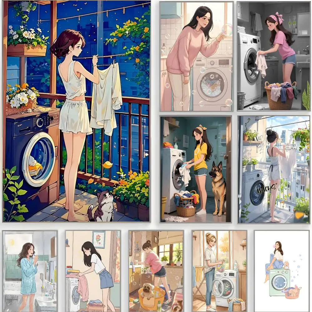 cute illustration l-laundry girl washing machine Poster Classic Wall Art  Home Decor  Peel and Stick Unframed