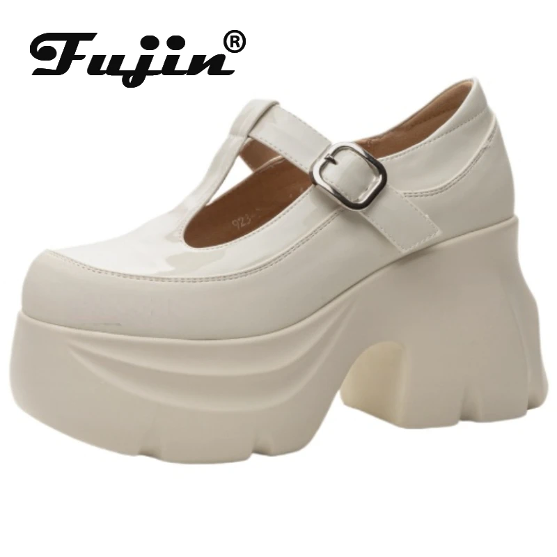 

Fujin 9cm Mary Jane Women Moccasins Summer Platform Wedge Rubber Hook Spring Autumn Retro British Patent Genuine Leather Shoes