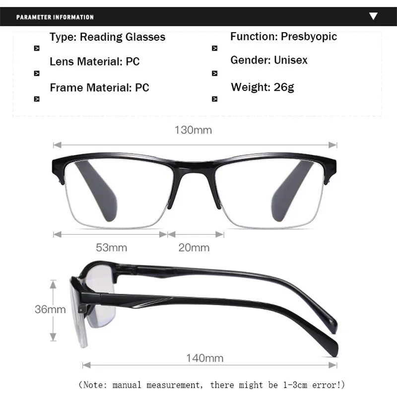 Half Frame Reading Glasses Presbyopic Eyewear Male Female Far Sight Glasses Ultra Light Black Red with Strength +75 To +400