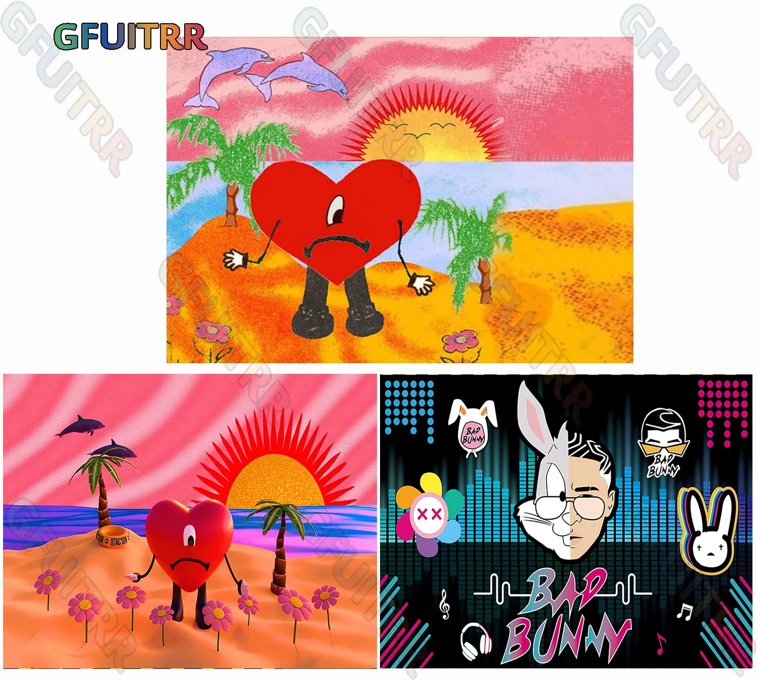GFUITRR Bad Bunny Backdrop Kids Birthday Decoration Background Beach Sunset Red Heart Vinyl Photography Photo Studio Props