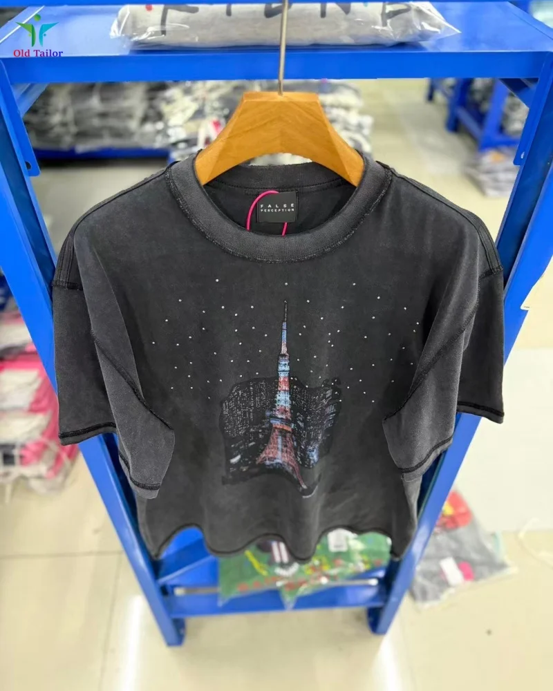 

New Black False Perception 26SS Rhinestone Tokyo Tower Starry Sky Graffiti Washed Summer Short-Sleeve T-Shirt