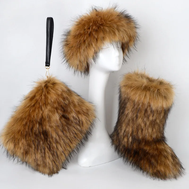 Hot Women Plush Fluffy Faux Fur Snow Boots Furry Bag Set  Winter Warm Hairy Headwear Short Ankle Boots Windproof Cotton Shoes