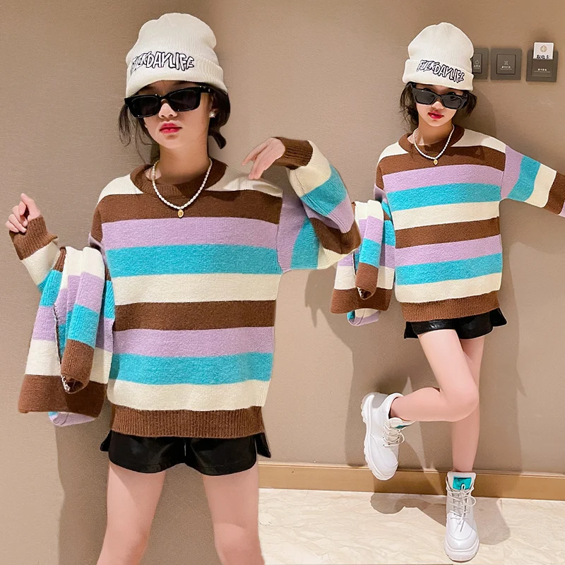 Colorful Sweaters with Scarf for Girls 2022 Kids Students Winter Knitted Clothing Thickened Children's Sweaters To 15 Years Old