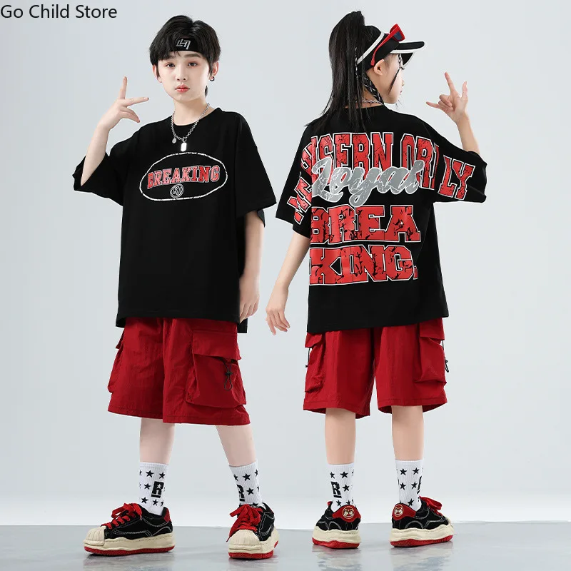 

Boys Hip Hop Letters T-shirt Street Dance Cargo Shorts Girls K-pop Streetwear Children Jazz Costumes Kids Summer Clothes Sets