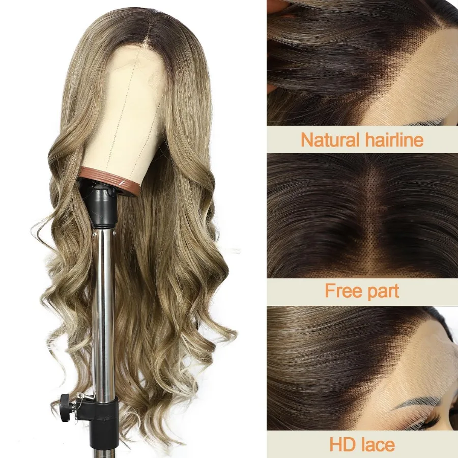 Longo corpo marrom ondulado perucas para mulher 13x4 peruca dianteira do laço sintético com pontas loiras cabelo onda natural para uso diário cosplay par