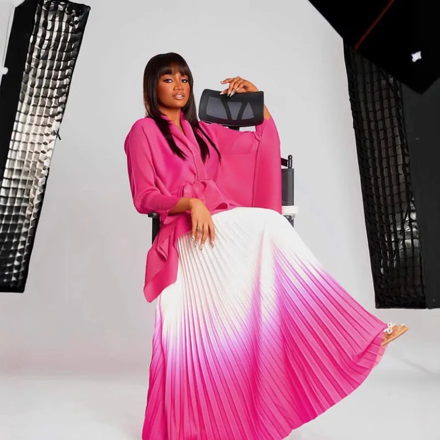 

New Commuter Women Clothing Dashiki African Bat Sleeved Belt Top & Gradient Pleated Skirt 2 Piece Set Casual A-line Party Dress