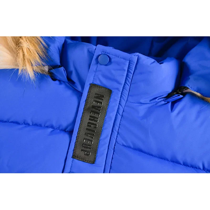 -30℃ Winter Boys Jacket Long Style Letter Print Thick Big Fur Collar Hooded Overcoat For 5-12Y Teen Kids Down Cotton Snowsuit