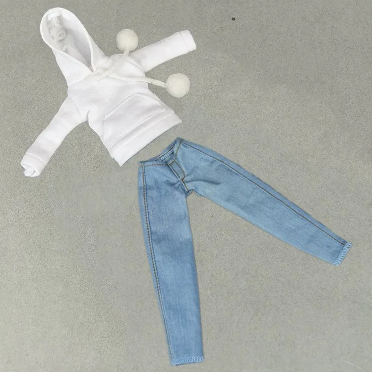 Jeanshose / Blaue Schlaghose und weiß-schwarzes Oberteil, Kleidungsset, Outfit für 30 cm große BB Kurhn Xinyi Fr2 Ob Doll