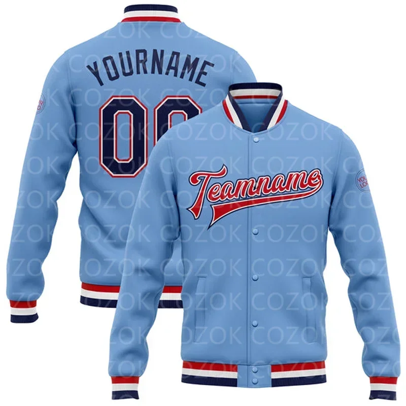 Custom Blue Red Light 3D Printed Baseball Button Jacket Bomber Full-Snap Varsity Letterman Jacket