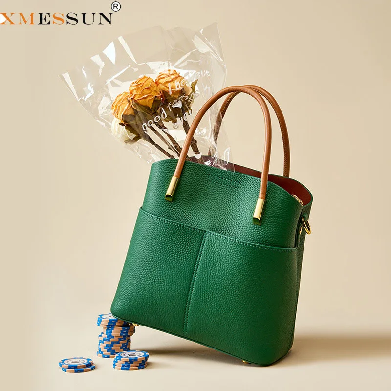 XMESSUN New Trendy Genuine Leather Commuter Bucket Bag for Women,Fashion High Quality Female Casual Shoulder Crossbody Tote Bag