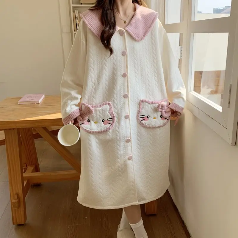 

Kitty Girl Cute Nightgown Cartoon Pajamas Autumn Winter Long-Sleeved Sweet Kawaii Loose Home Clothes Student Casual Sleepwear