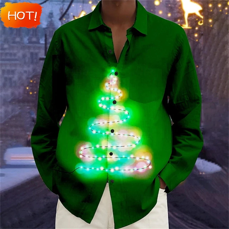

New Christmas Tree Graphic 3d Print Shirts Men's Casual Trending Unisex Tops Holiday Party Long Sleeve Shirts Women Clothing