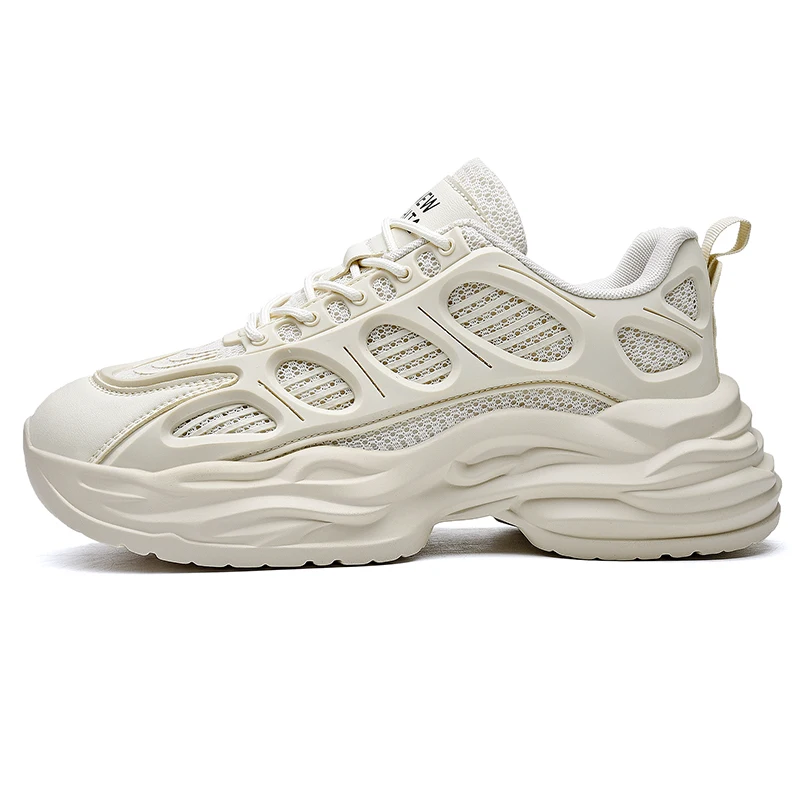 Lovers Shoes Clunky Sneaker Hollowed Out Retro Sneakers, Solid Color Thick Bottoming Sports Lace-up Running Shoes