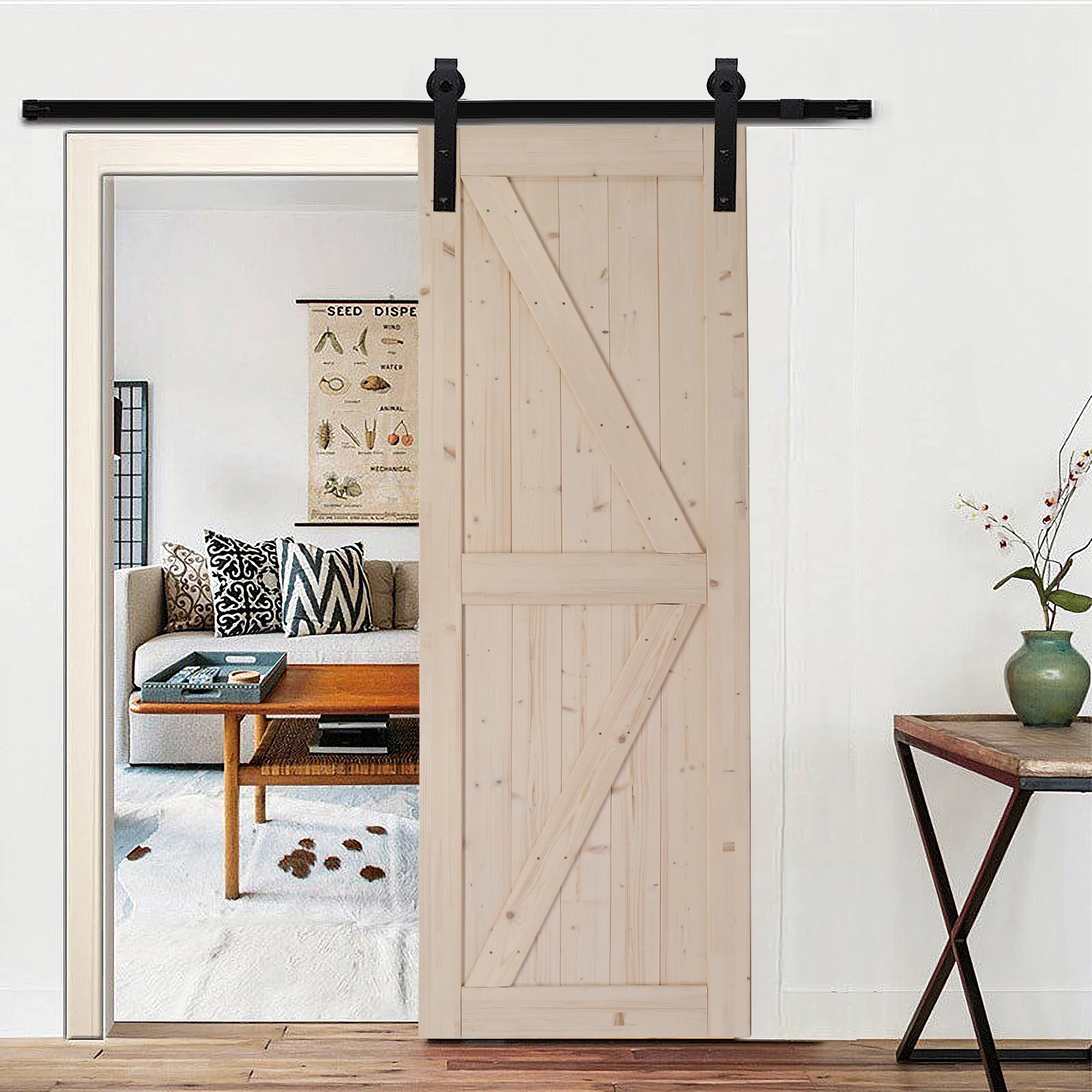 30 in. x 84 in. Unfinished Sliding Barn Door ，K Frame，Solid Spruce Wood，Requires Simple DIY Assembly