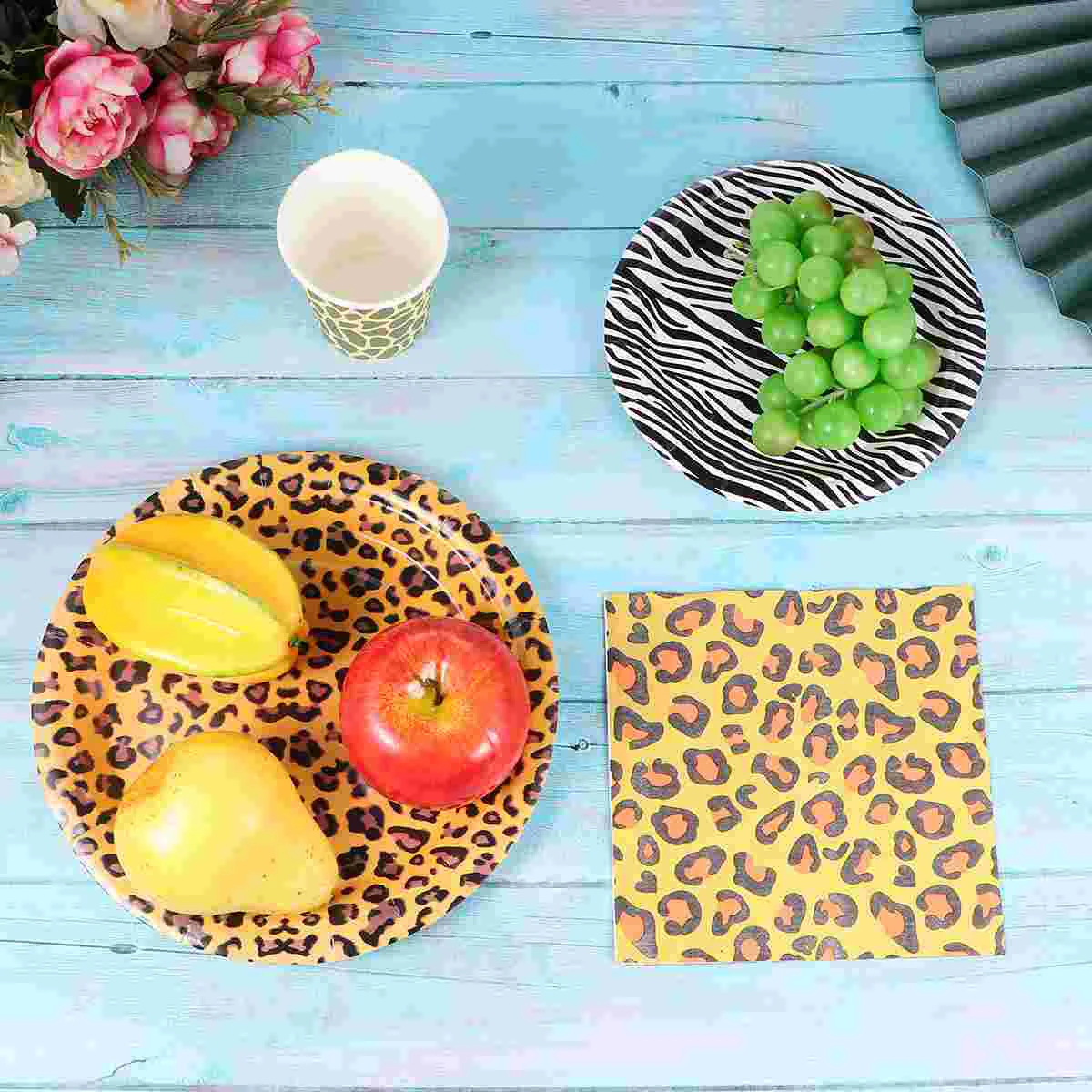 50pcs in 1 Set Zoo Theme Disposable Tableware Paper Cup Plates Dinnerware Set Leopard Printing Napkins Set Baby Birthday Party S