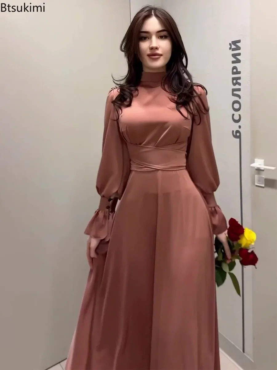 2025Spring New Satin Evening Dresses Women Elegant Lace Up Lantern Sleeve Maxi Dress Fashion Party Vestidos Dubai Arab Long Robe