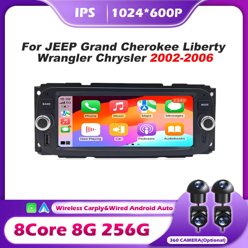 For JEEP Grand Cherokee Liberty Wrangler Chrysler 2002-2006 Android 16 Auto Car Radio Multimedia Wireless Carplay GPS Navigation