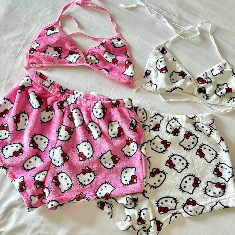 Conjunto de pijamas de felpa de Hello Kitty para mujer, ropa de dormir, 2 uds., camisetas sin mangas cortas y pantalones cortos, ropa de casa Sexy, pijamas rosas, conjuntos de sujetador