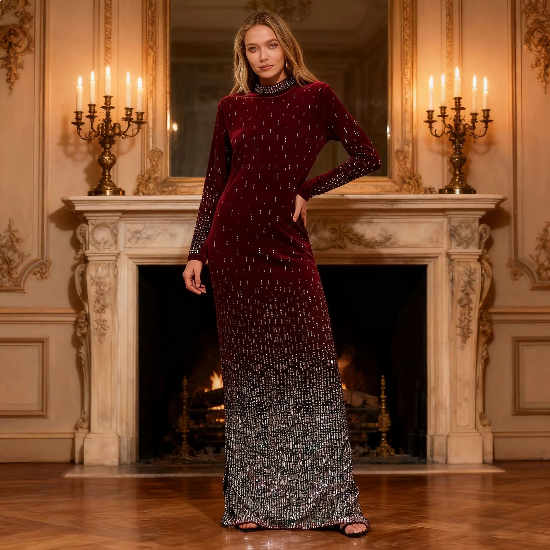 French Sequin Gradient Fishtail Dress, Round Neck Sleeve High Waist Slimming Evening Gown, Sequins Dresses