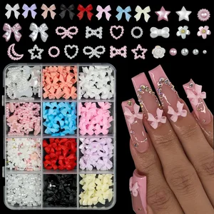 Misturado Resina Bowknot Nail Art Decorações, 3D Encantos Acrílicos, Kawaii Arco Colorido, Strass DIY Manicure Ferramentas Peças, 12 Grades/Caixa 8 principais vendas unhas de noiva - №2