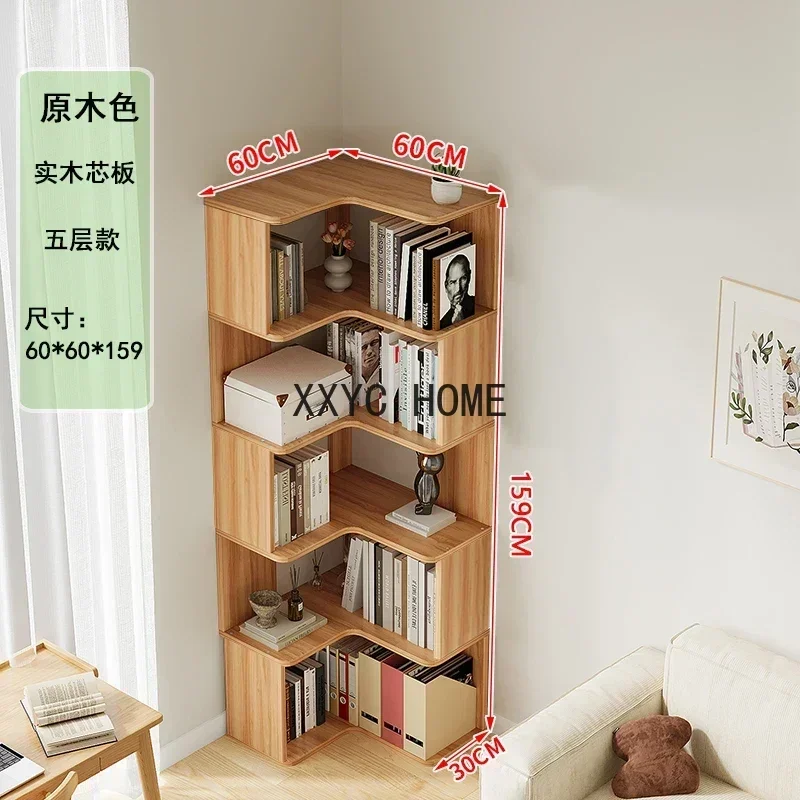 Solid wood corner bookcase shelf floor-to-floor student home corner cabinet multi-layer corner wall bookcase